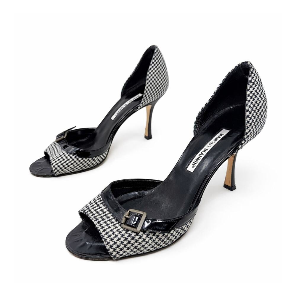 Manolo Blahnik Houndstooth Patent Open Toe D’Orsay Heels Womens Size EU 38.5